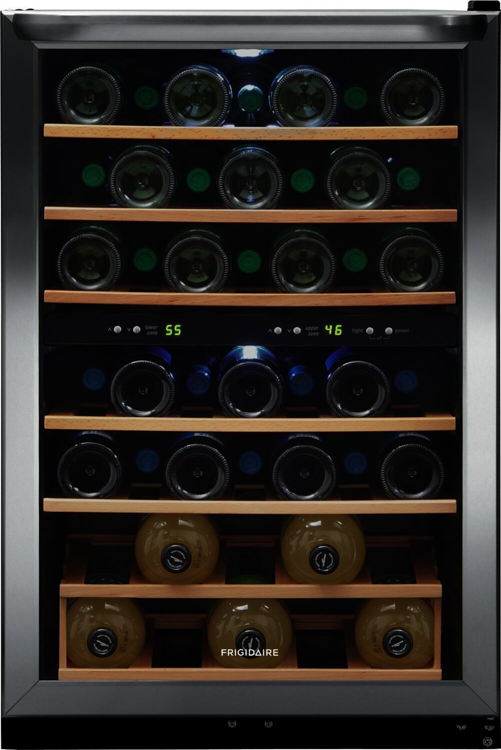 Frigidaire 21,5 4,4 Cu. Fort. Réfrigérateur à vin à deux zones de 45 bouteilles - Acier inoxydable - FRWW454… | Réfrigérateur Frigidaire de 4,4 pi³ et de 21,5 po avec refroidisseur à vin à 2 zones à 45 bouteilles…