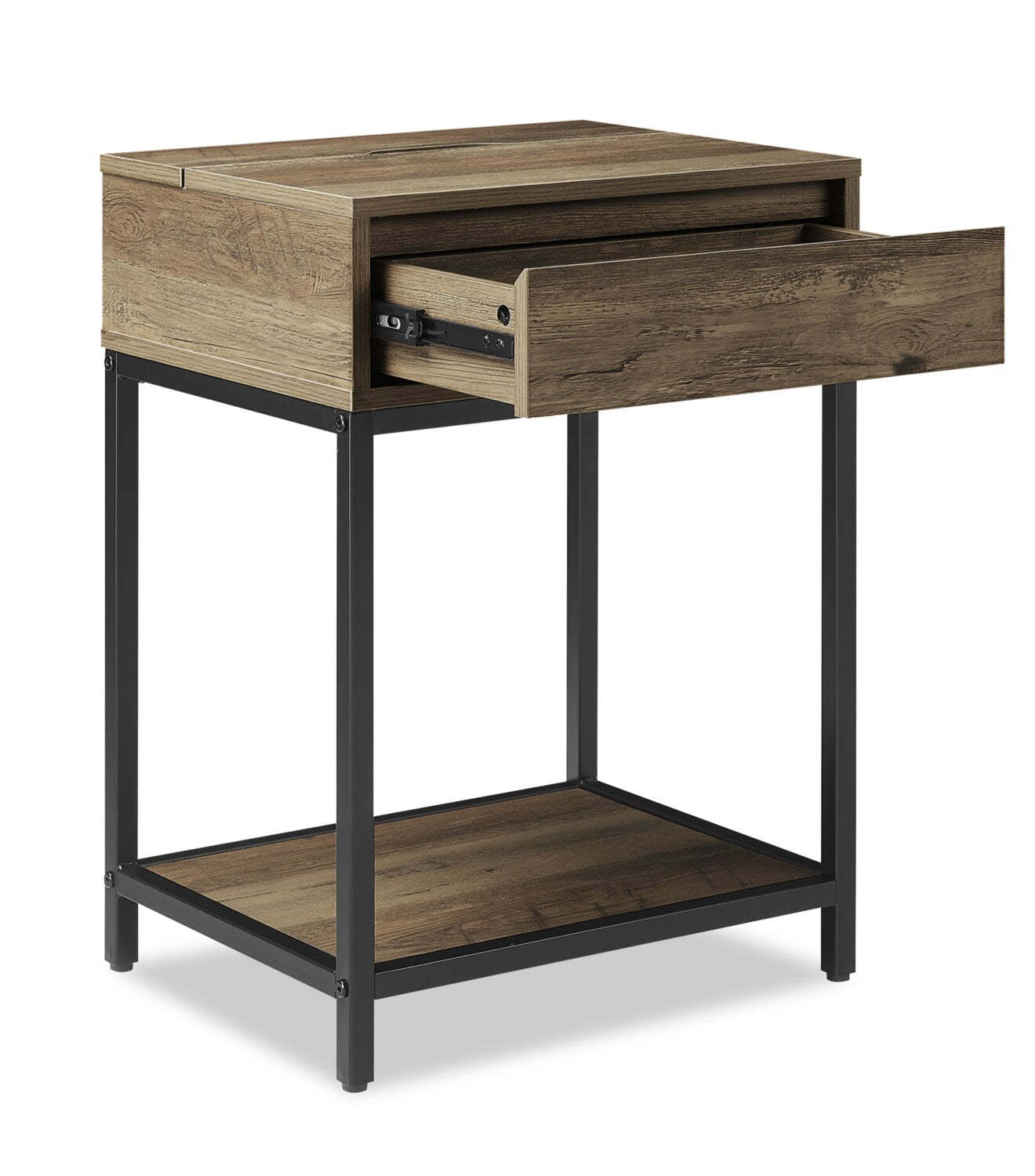 Table de nuit Akio à 1 tiroir avec rangement relevable, 18 L x 25,75 H - Marron/Noir | Table de nuit Akio de 18 po (l) x 25,75 po (H) à 1 tiroir avec dessus relevable et rangement - brune et noire