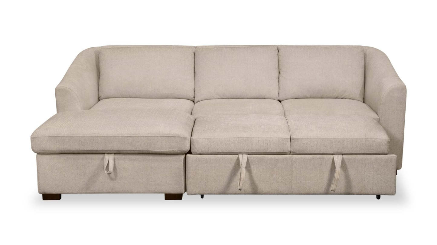 Envy 2-Piece Left-Facing Chenille Fabric Sleeper Sectional with Storage Chaise - Almond Beige | Canapé-lit sectionnel gauche Envy 2 pièces en tissu de chenille avec chaise longue de rangement - beige amande
