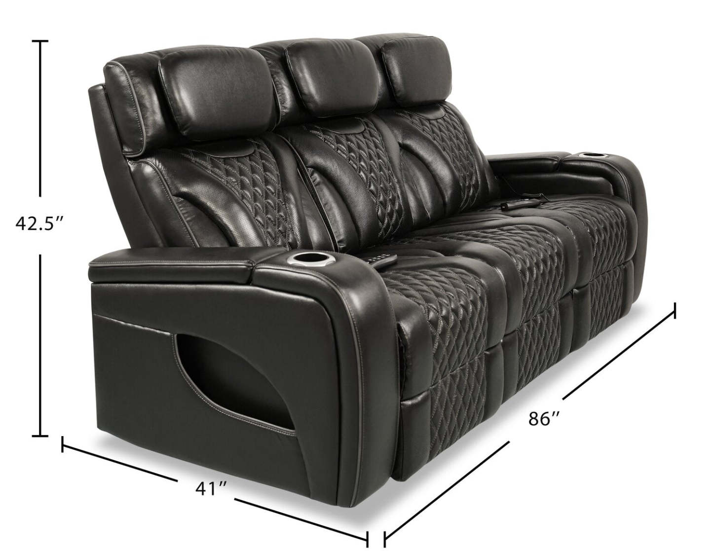 Sofa de massage à inclinaison électrique Elite de 86 po en cuir véritable avec appuie-têtes électriques et accoudoirs de rangement - noir