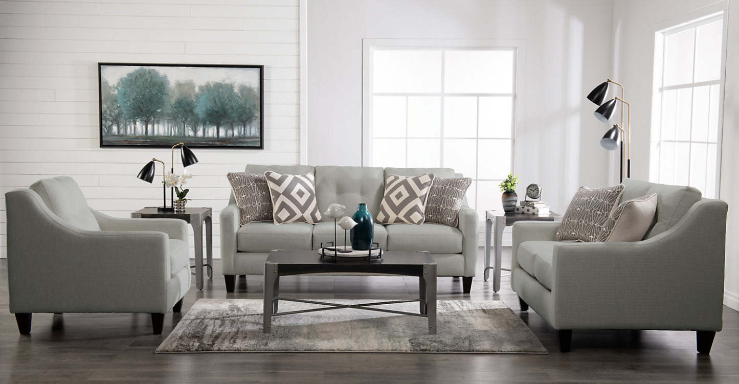 Fabriqué au Canada Cindy Crawford Home Chaise Kylie 32 en tissu d'apparence lin avec capitonnage de boutons - Gris Zeus | Fauteuil Kylie de Cindy Crawford Home de 32 po fabriqué au Canada en tissu d'apparence lin avec capitonnage - gris Zeus