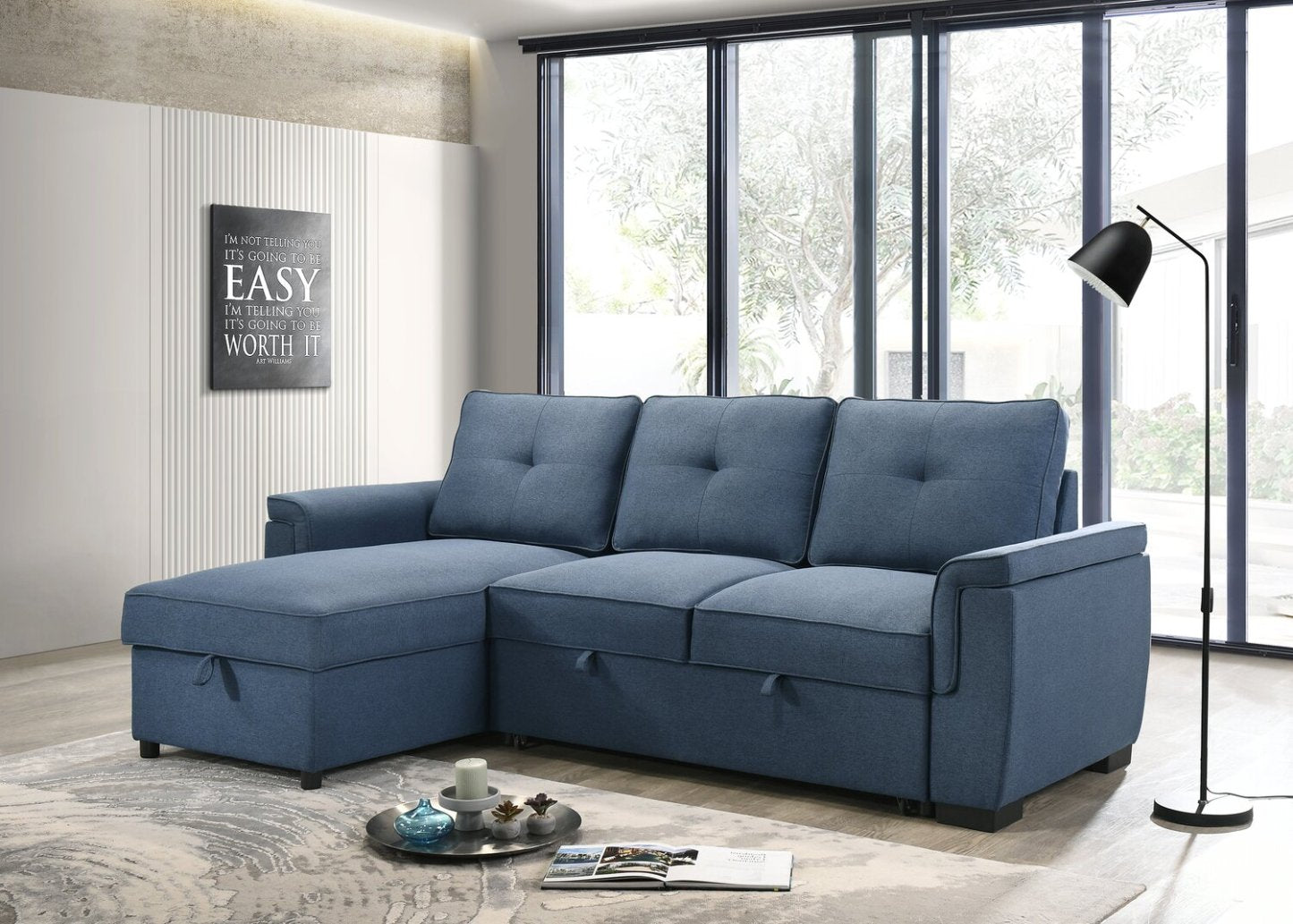 Sofa-lit sectionnel réversible Eden 2 pièces en tissu avec fauteuil long de rangement et coussins de dossier amovibles - bleu