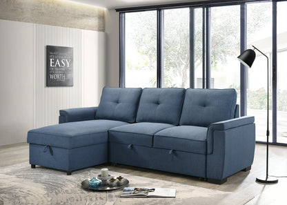 Sofa-lit sectionnel réversible Eden 2 pièces en tissu avec fauteuil long de rangement et coussins de dossier amovibles - bleu