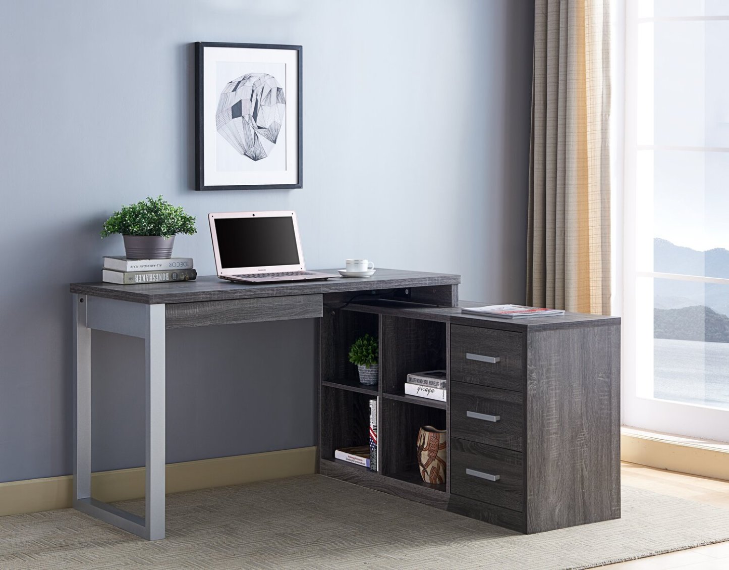 Bureau d'angle réversible Owen 55 avec 4 tiroirs et compartiments - Gris vieilli|Bureau en coin réversible Owen de 55 po à 4 tiroirs et compartiments - gris vieilli
