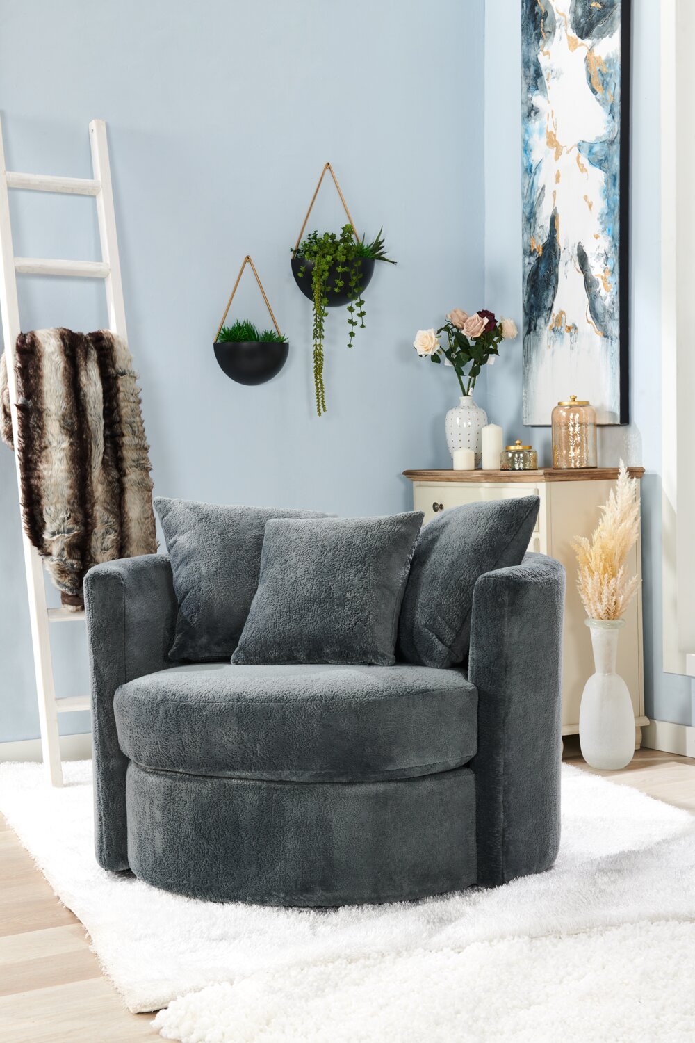 Fauteuil d’appoint pivotant Cuddler Midi de 42 po fabriqué au Canada en tissu de chenille - gris Plush Thunder