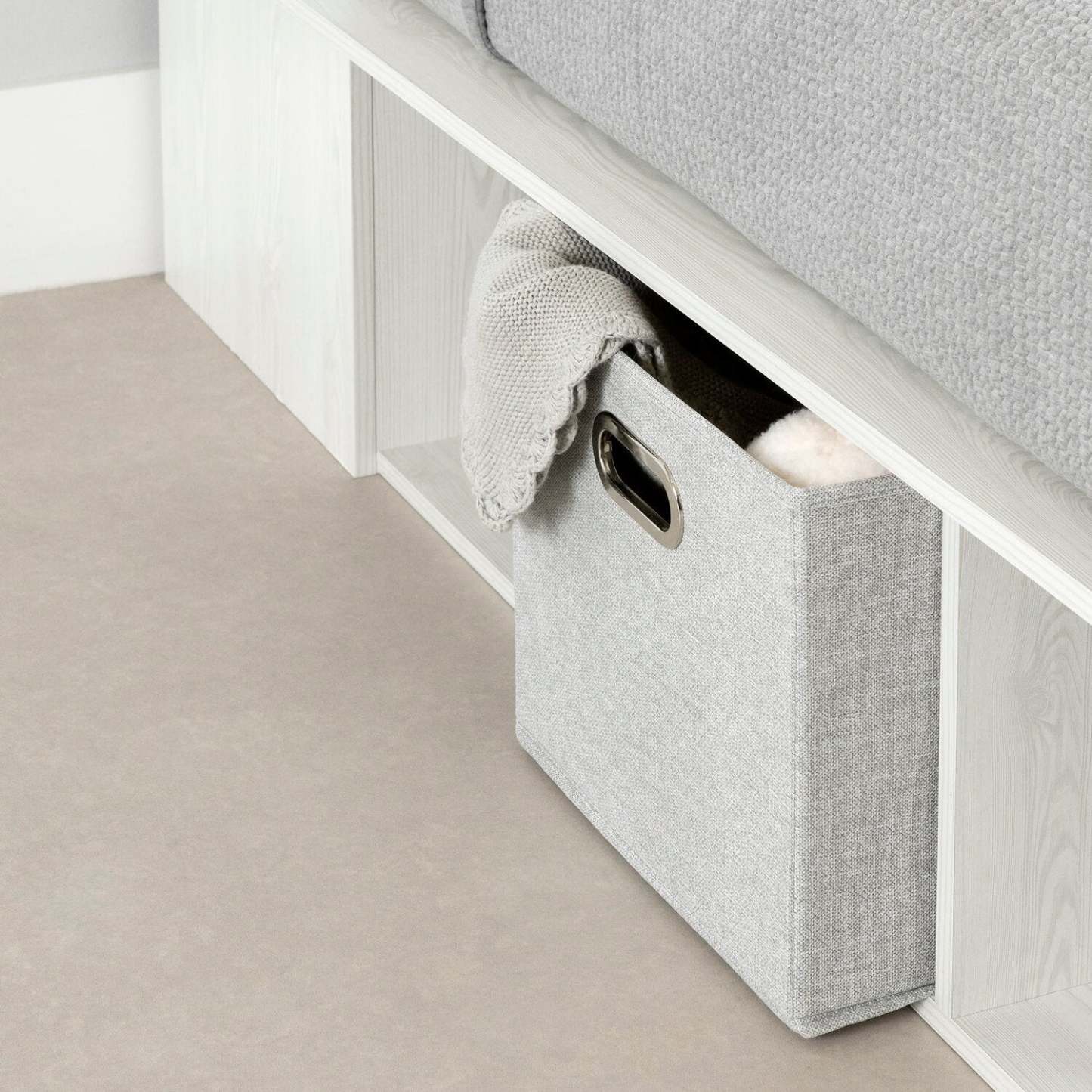 Lit plateforme Everley avec rangement et paniers intégrés, blanc - Pleine grandeur | Lit plateforme Everley avec rangement et paniers intégrés, blanc - format lit double