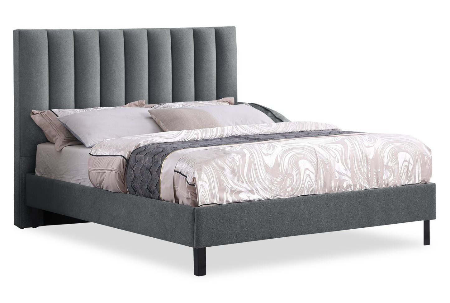 Tête de lit rembourrée Amos en tissu anthracite, canalisé - Très grand lit | Tête de lit rembourrée Amos en tissu anthracite en canaux - format très grand lit