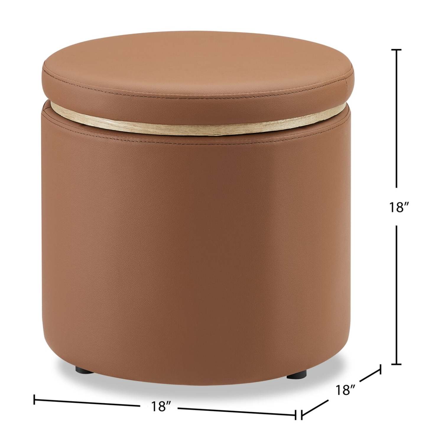 Manitoba 18 Round Storage Ottoman - Brown Faux Leather|Pouf de rangement rond Manitoba de 18 po - similicuir brun