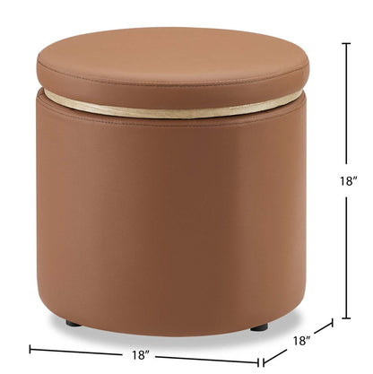 Manitoba 18 Round Storage Ottoman - Brown Faux Leather|Pouf de rangement rond Manitoba de 18 po - similicuir brun