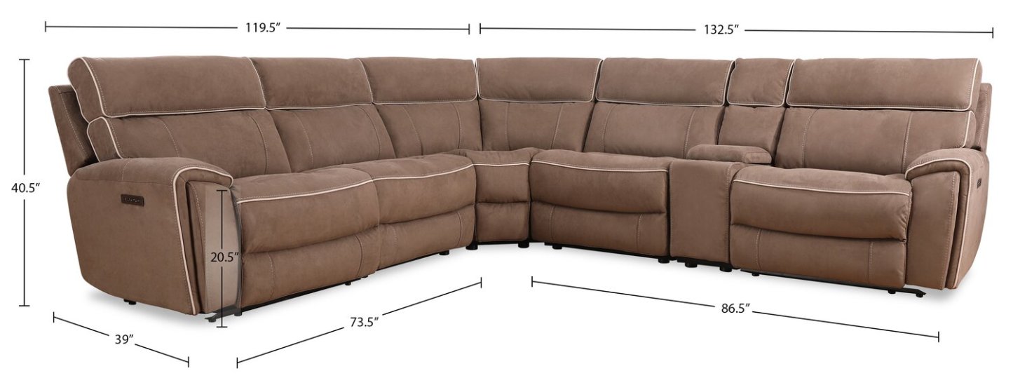 Cindy Crawford Home Newport 6-Piece Faux Suede Power Reclining Sectional with Armless Reclining Chair - Taupe | Canapé sectionnel à inclinaison électrique Newport de Cindy Crawford Home 6 pièces en suédine avec fauteuil inclinable sans accoudoirs - taupe