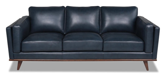 Vivia 86 canapé en cuir véritable avec coussins de siège amovibles et base en bois - bleu marine | Sofa Vivia de 86 po en cuir véritable avec coussins de siège amovibles et pattes en bois - bleu marine