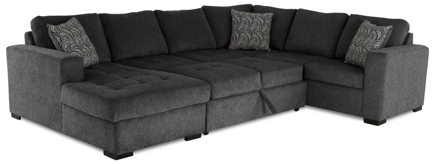 Fabriqué au Canada, sectionnel convertible Legend 4 pièces en tissu chenille avec chaise longue de rangement - gris poivre