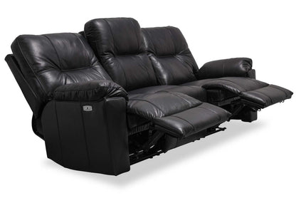 Sofa à inclinaison électrique Dawson de 87 po fabriqué au Canada en cuir véritable avec port USB et oussins décoratifs - noir