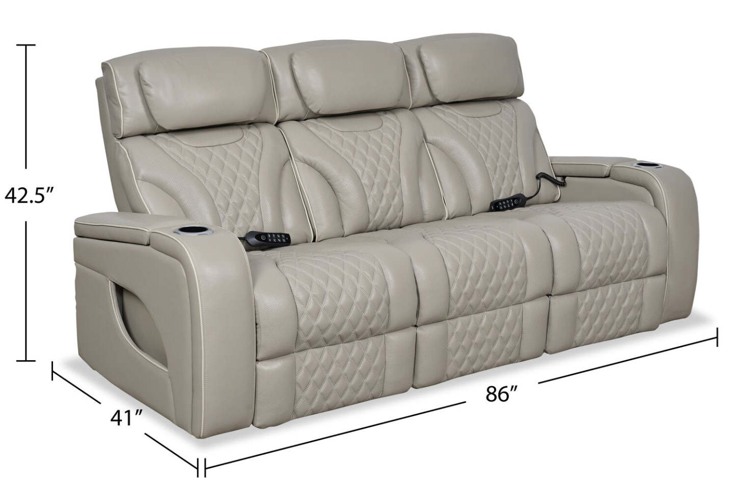 Elite 86 Genuine Leather Massage Power Reclining Sofa with Power Headrests and Storage Arms - Grey | Sofa de massage à inclinaison électrique Elite de 86 po en cuir véritable avec appuie-têtes électriques et accoudoirs de rangement - gris
