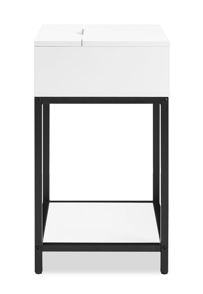 Table de nuit Akio à 1 tiroir avec rangement relevable, 18 L x 25,75 H - Blanc/Noir | Table de nuit Akio de 18 po (l) x 25,75 po (H) à 1 tiroir avec dessus relevable et rangement - blanche et noire