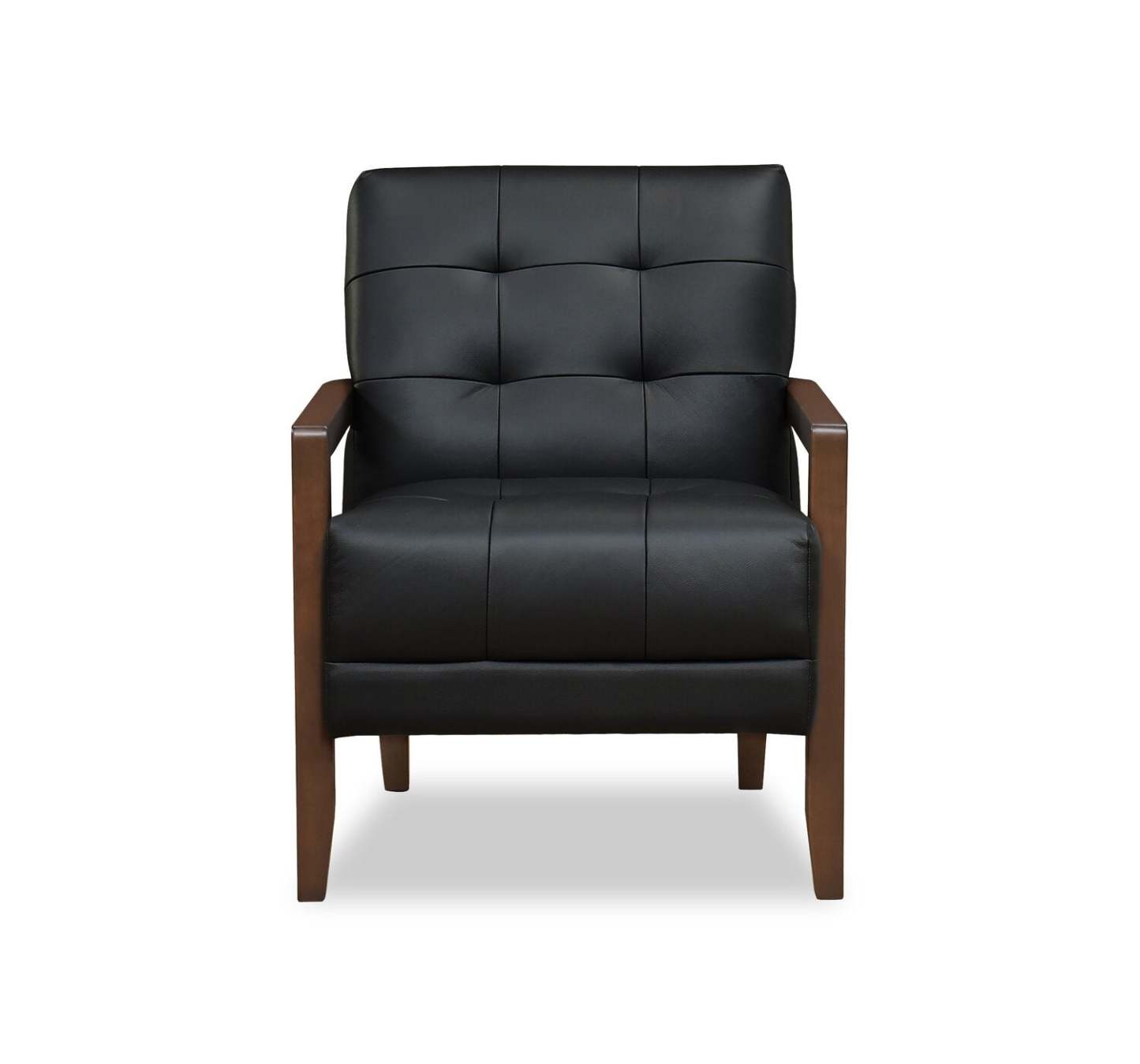 Fauteuil d'appoint Enzo 26 en cuir véritable avec capitonnage en biscuit, accoudoirs sur rail et pieds en bois - Noir | Fauteuil d'appoint Enzo de 26 po en cuir avec capitonnage en véritable biscuit, accoudoirs rectilignes et pattes en bois - noir