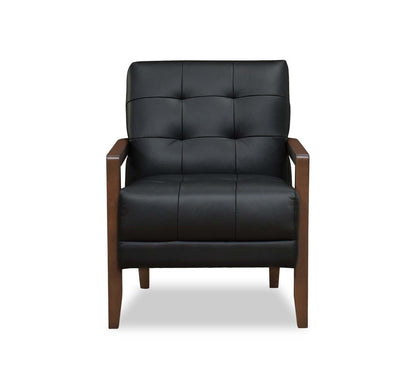 Fauteuil d'appoint Enzo 26 en cuir véritable avec capitonnage en biscuit, accoudoirs sur rail et pieds en bois - Noir | Fauteuil d'appoint Enzo de 26 po en cuir avec capitonnage en véritable biscuit, accoudoirs rectilignes et pattes en bois - noir