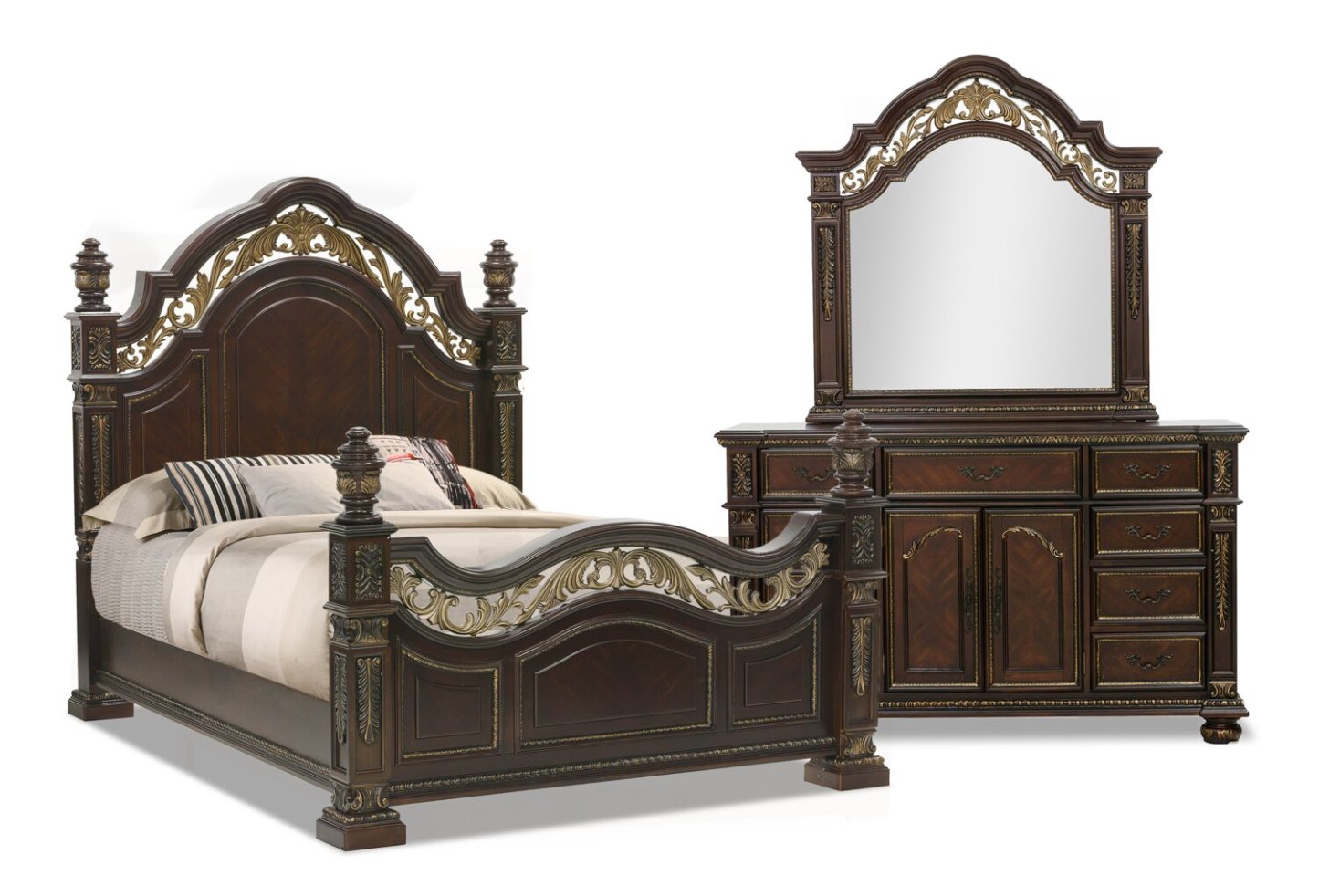 Ensemble de chambre à coucher Wynn 5 pièces avec lit, commode et miroir, brun cerise - Queen Size | Ensemble de chambre à coucher Wynn 5 pièces avec lit, commode et miroir, brun cerisier - taille queen