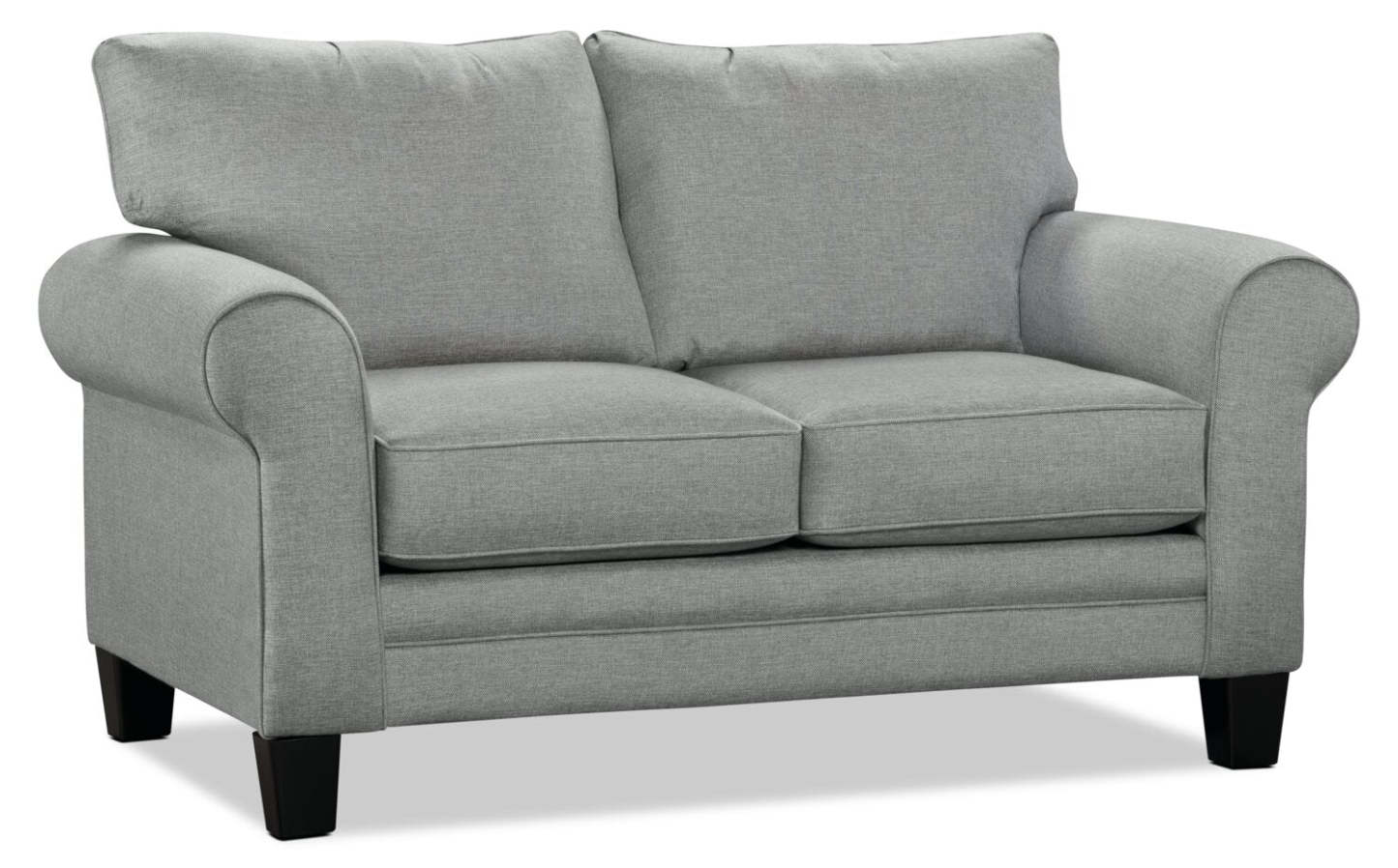 Made in Canada Tula 65 Fabric Loveseat with Rolled Arms and Accent Pillows - Mist Grey  | Causeuse Tula de 65 po fabriquée au Canada en tissu avec accoudoirs enroulés et coussins décoratifs - gris brume