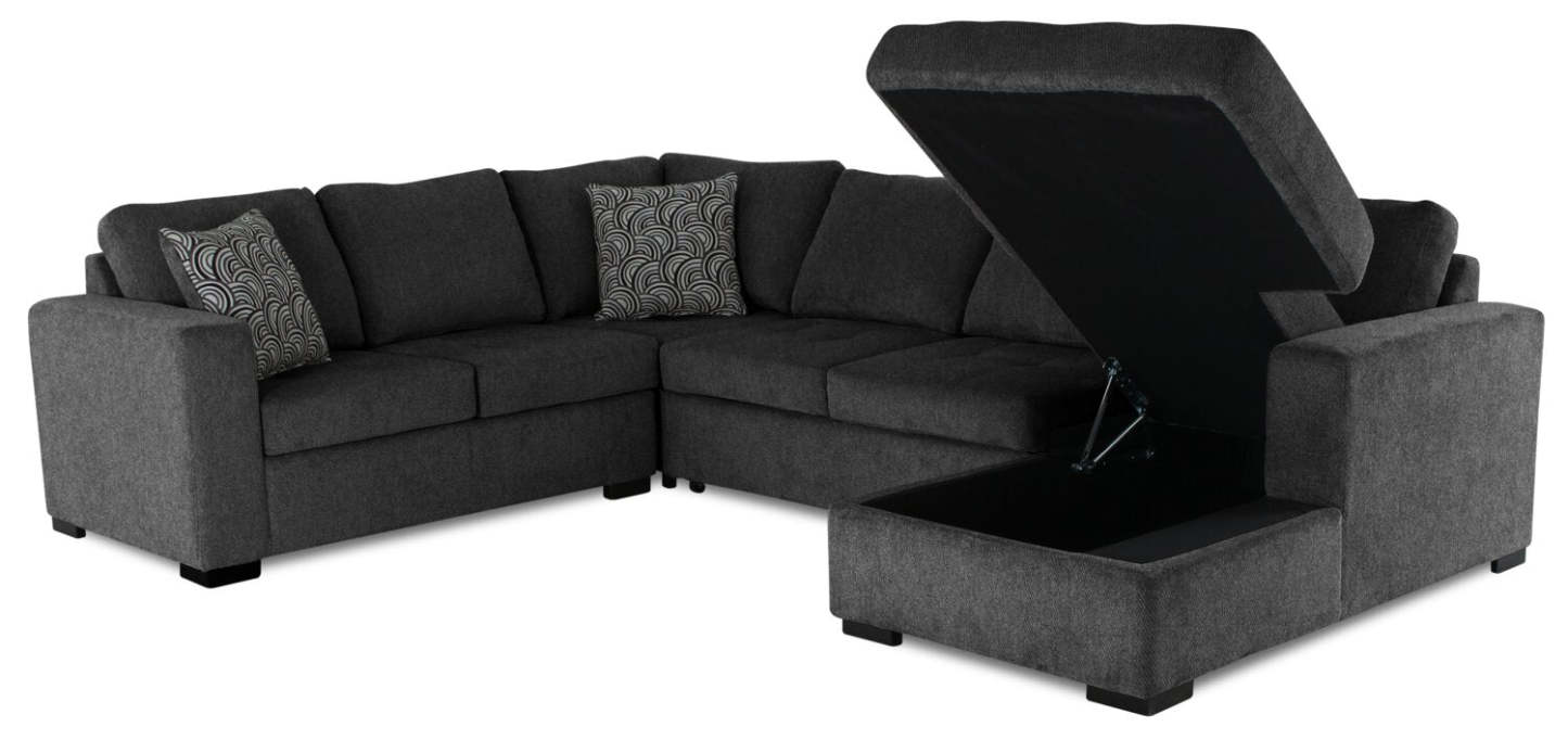 Made in Canada Legend 4-Piece Right-Facing Chenille Fabric Sleeper Sectional with Storage Chaise - Pepper Grey | Canapé-lit sectionnel de droite Legend 4 pièces fabriqué au Canada en tissu de chenille avec chaise longue de rangement - gris poivre