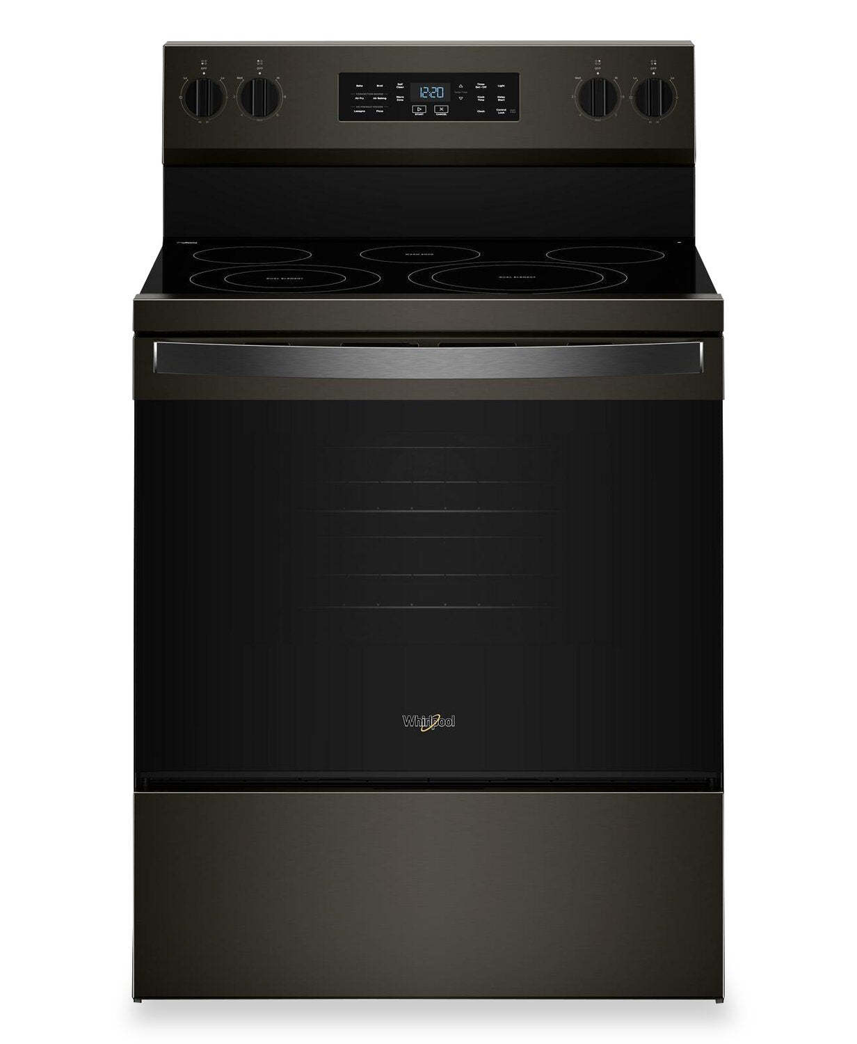 Cuisinière électrique Whirlpool de 5,3 pi3 avec cuisson à air – noir sur acier inoxydable - YWFES5730SV | Bain à remous 5,3 Cu. Fort. Cuisinière électrique avec cuisson à l'air - Noir sur acier inoxydable - YWFES5730SV