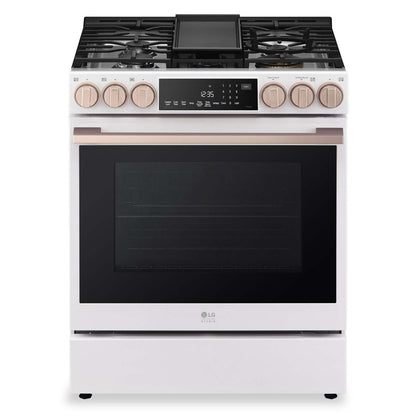 LG Studio 6,3 pi3 Cuisinière à gaz intelligente InstaViewMD avec friture à air - essence blanche - LSGS6338N | Cuisinière à gaz intelligente LG Studio de 6,3 pi3 avec hublot InstaViewMD et friture à air - essence blanche - LSGS6338N | LSGS6338