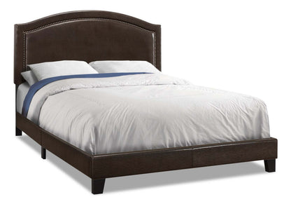 Lit rembourré Pearl en tissu en cuir végétalien marron avec motif clouté - Queen Size | Lit rembourré Pearl en tissu de cuir végétalien brun avec clous décoratifs - format grand lit