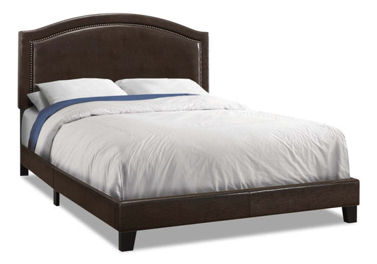 Lit rembourré Pearl en tissu en cuir végétalien marron avec motif clouté - Queen Size | Lit rembourré Pearl en tissu de cuir végétalien brun avec clous décoratifs - format grand lit