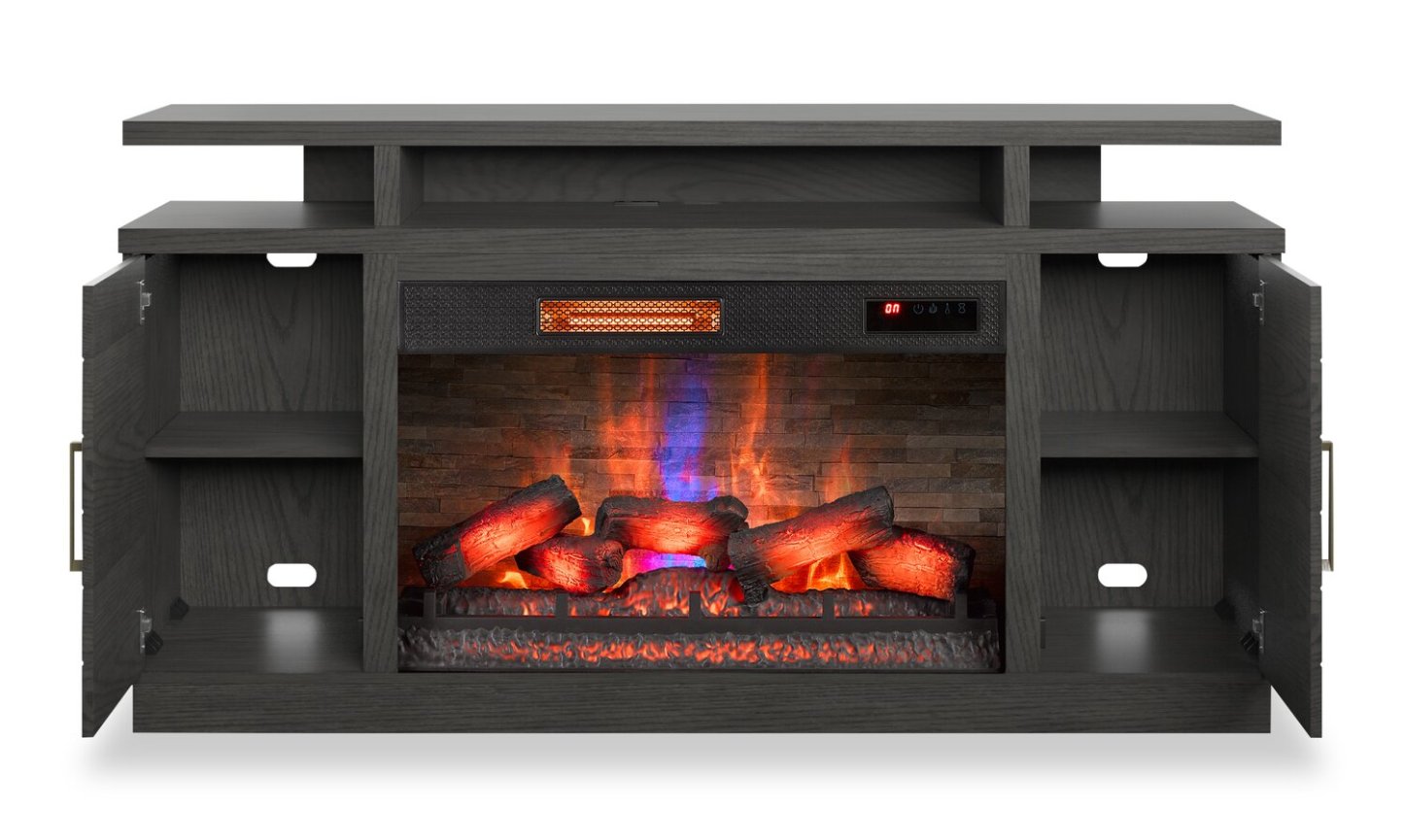Meuble pour téléviseur moderne Breya de 64 po avec foyer électrique, rangement et recharge USB pour téléviseurs jusqu'à 70 po - gris