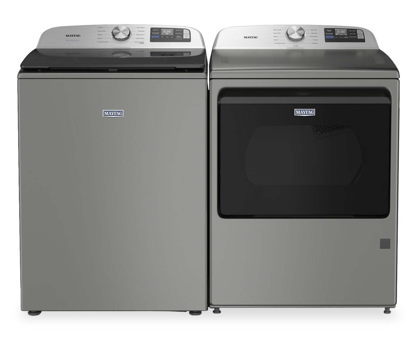 Maytag 6,0 pi³ Laveuse intelligente à chargement par le haut et 7,4 pi³ Sécheuse électrique - Argenté radieux | Maytag 6,0 Cu. Ft. Smart Top-Load Washer and 7.4 Cu. Ft. Electric Dryer - Radiant Silver