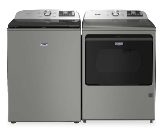 Maytag 6,0 pi³ Laveuse intelligente à chargement par le haut et 7,4 pi³ Sécheuse électrique - Argenté radieux | Maytag 6,0 Cu. Ft. Smart Top-Load Washer and 7.4 Cu. Ft. Electric Dryer - Radiant Silver