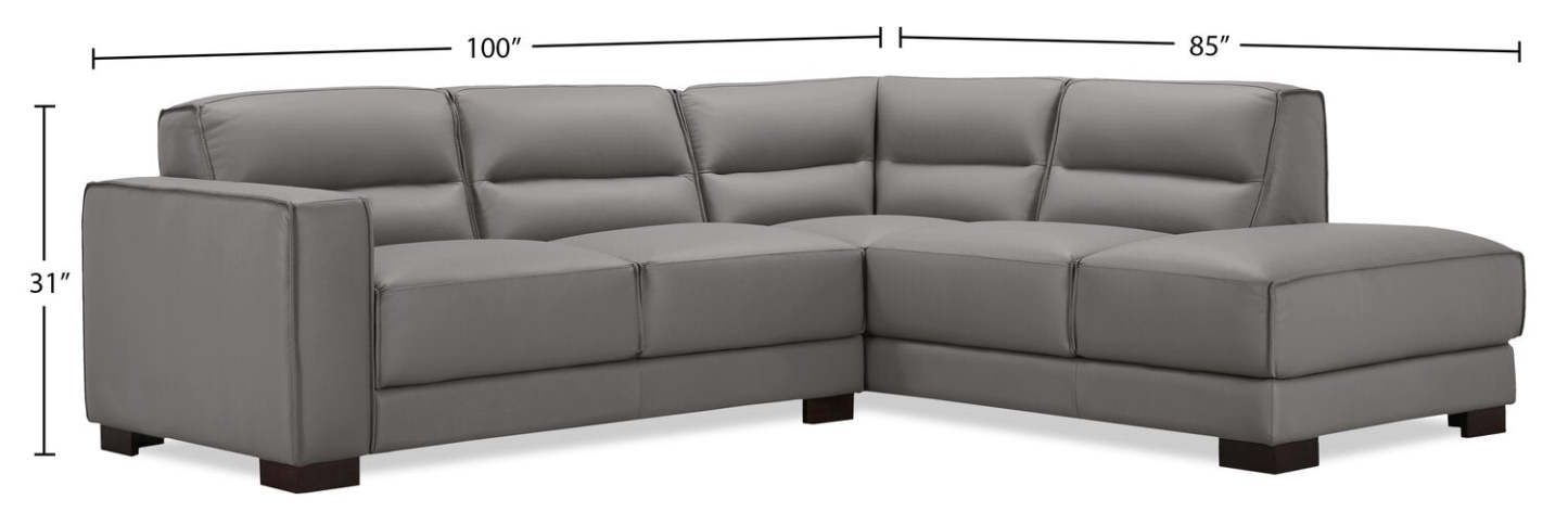 Sectionnel Citadel 2 pièces en cuir véritable de première qualité, face à droite, avec pieds en bois - Gris | Canapé sectionnel droit Citadel 2 pièces en cuir de qualité supérieure avec pieds en bois véritable - gris