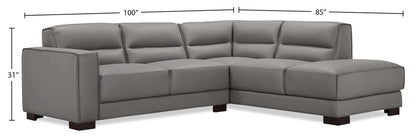 Sectionnel Citadel 2 pièces en cuir véritable de première qualité, face à droite, avec pieds en bois - Gris | Canapé sectionnel droit Citadel 2 pièces en cuir de qualité supérieure avec pieds en bois véritable - gris