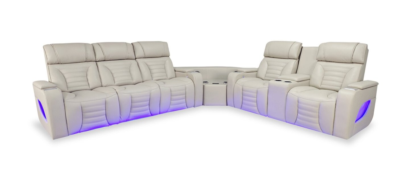 Sofa sectionnel à inclinaison électrique Zen 3 pièces en similicuir avec massage, console rabattable et compartiment réfrigéré - abricot