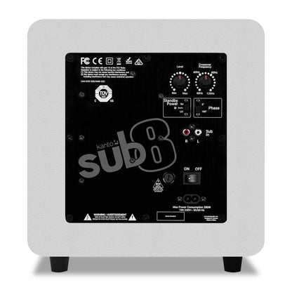 Kanto SUB8 300 W 8 caisson de basses amplifié scellé – Blanc | Caisson d'extrêmes graves amplifié et étanche Kanto SUB8 de 300W de 8 po - blanc | SUB8VWSW