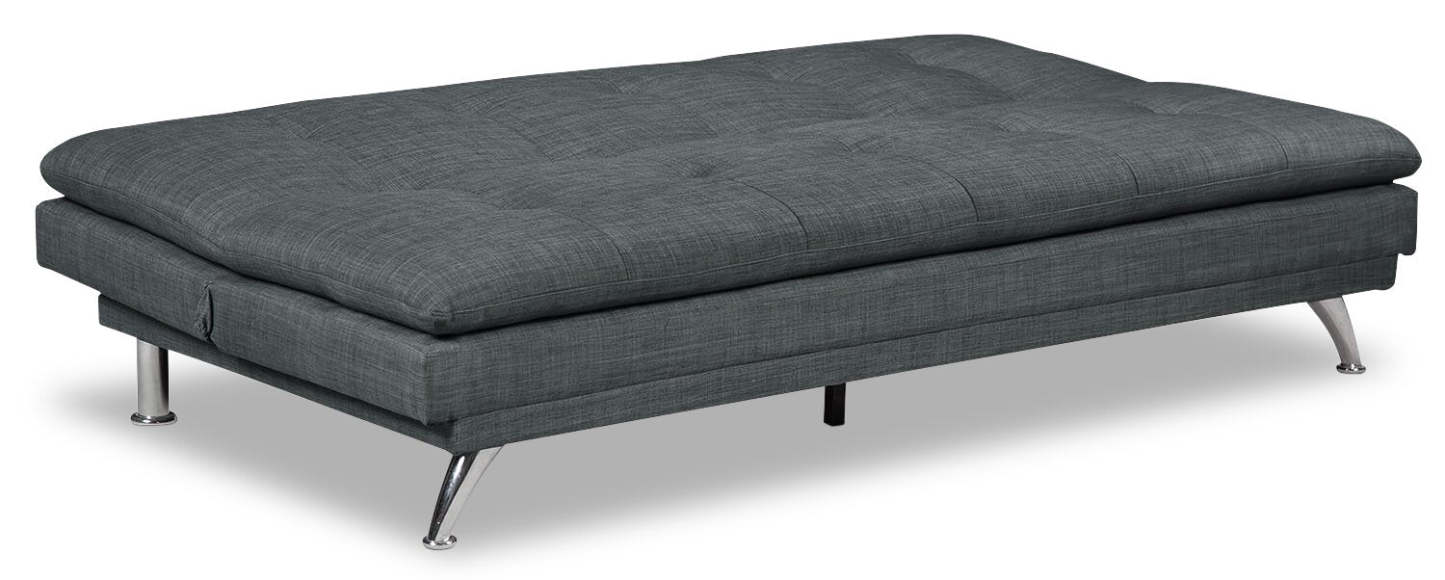 June 73.2 Futon Klik Klak en tissu d'apparence lin avec pieds en métal et capitonnage - Gris | Futon June de 73,2 po en tissu d'apparence lin avec mécanisme Klik Klak, pattes en métal et capitonnage - gris