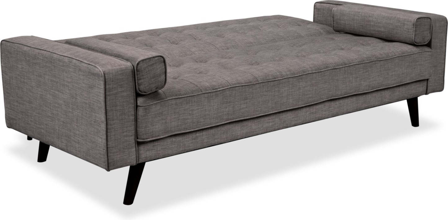 Futon Klik Klak Avery 81,5 en tissu d'apparence lin avec capitonnage et deux oreillers d'accoudoir - Gris | Futon Avery de 81,5 po en tissu d'apparence lin avec mécanisme Klik Klak, capitonnage et deux accoudoirs coussinés - gris