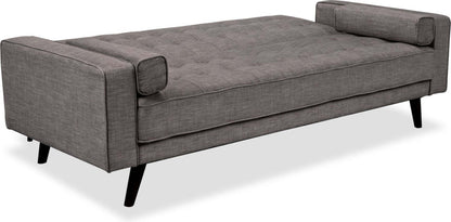 Futon Klik Klak Avery 81,5 en tissu d'apparence lin avec capitonnage et deux oreillers d'accoudoir - Gris | Futon Avery de 81,5 po en tissu d'apparence lin avec mécanisme Klik Klak, capitonnage et deux accoudoirs coussinés - gris