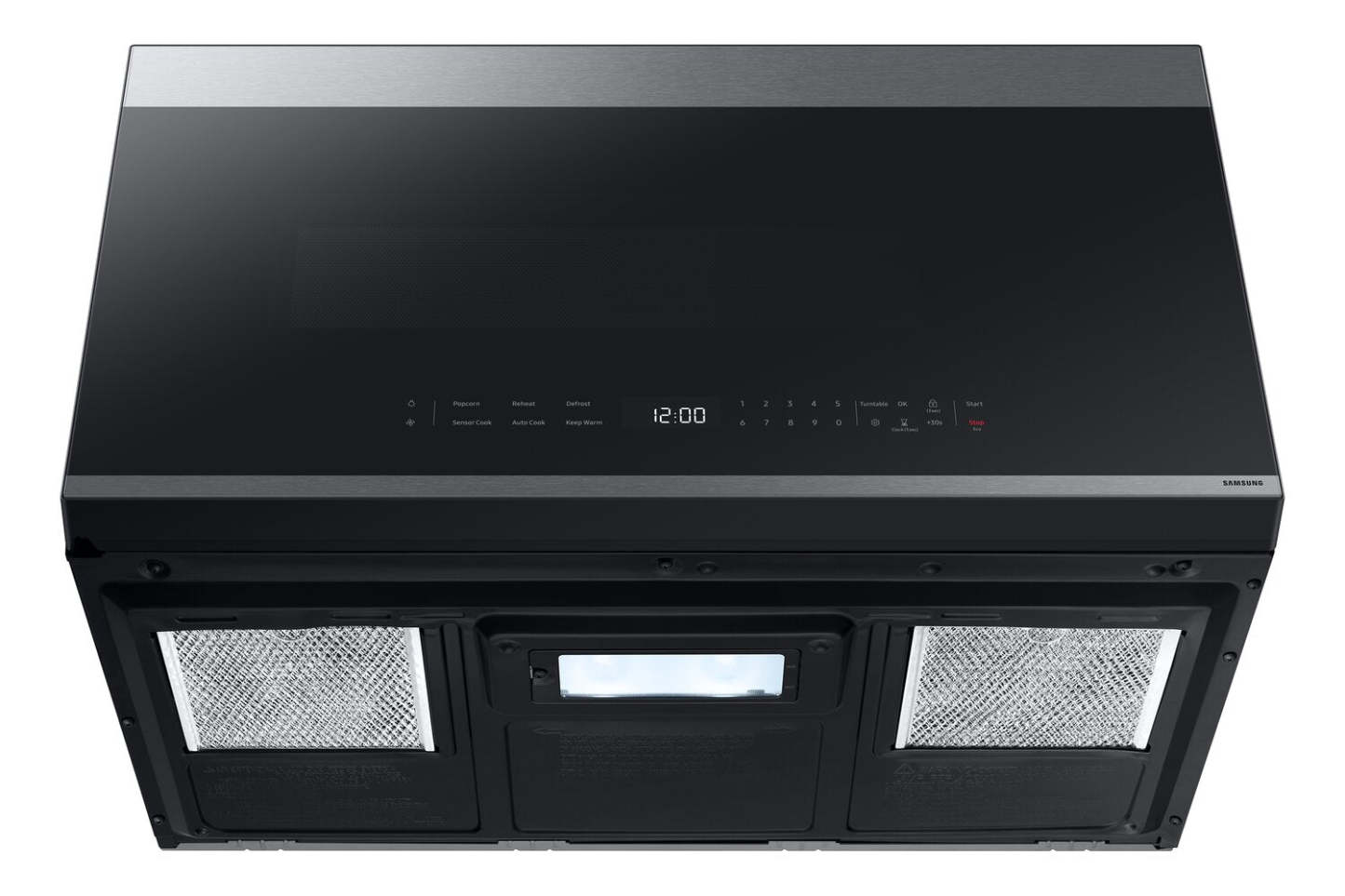 Samsung 2,1 Cu. Fort. Micro-ondes à hotte intégrée avec 400 CFM et commande tactile en verre - Acier inoxydable… | Quatre à micro-ondes à hotte intégrée Samsung de 2,1 pi³ avec 400 pi³/min et commandes tactiles en ver…