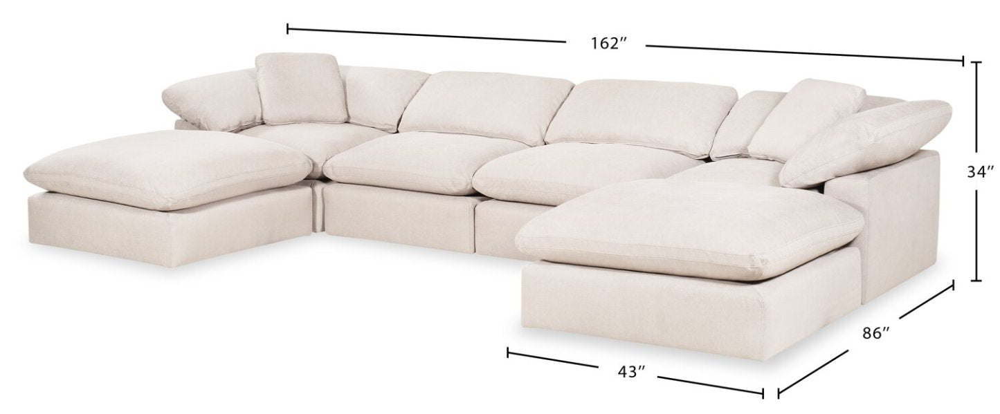 Eclipse Modular 6-Piece Linen-Look Fabric Sectional with Ottomans and Reversible Feather Down Cushions - Linen White | Canapé sectionnel modulaire Eclipse 6 pièces en tissu d’apparence lin avec poufs et coussins réversibles en duvet et plumes - blanc lin