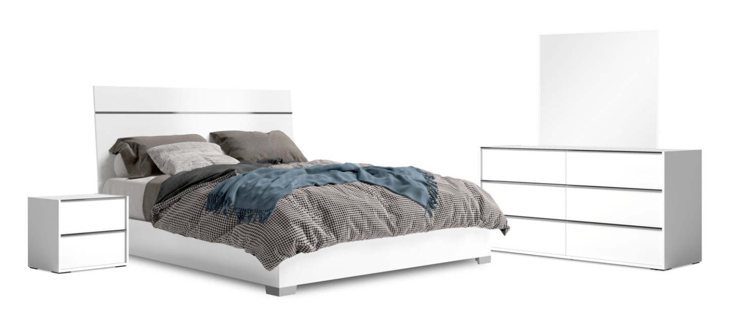 Ensemble de chambre à coucher Gino 6 pièces avec lit à panneaux, commode, miroir et table de nuit - fabriqué en Italie, moderne, blanc - taille king