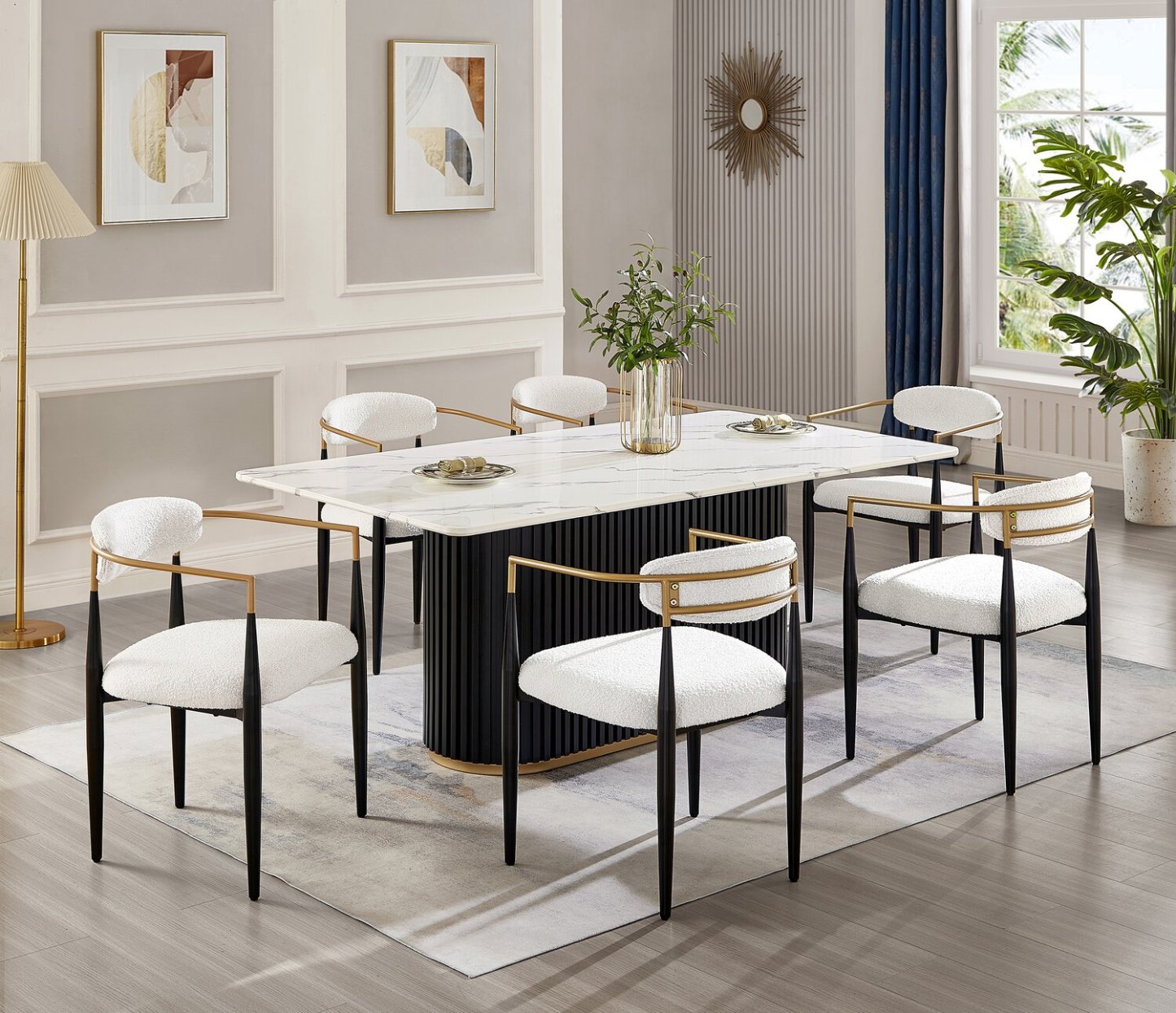 Kort &amp; Co. Fauteuil de salle à manger Capri avec tissu bouclé et accents dorés, métal - Blanc | Chaise de salle à manger à accoudoirs Capri de Kort &amp; Co. en métal avec tissu bouclé et touches dorées - blanche