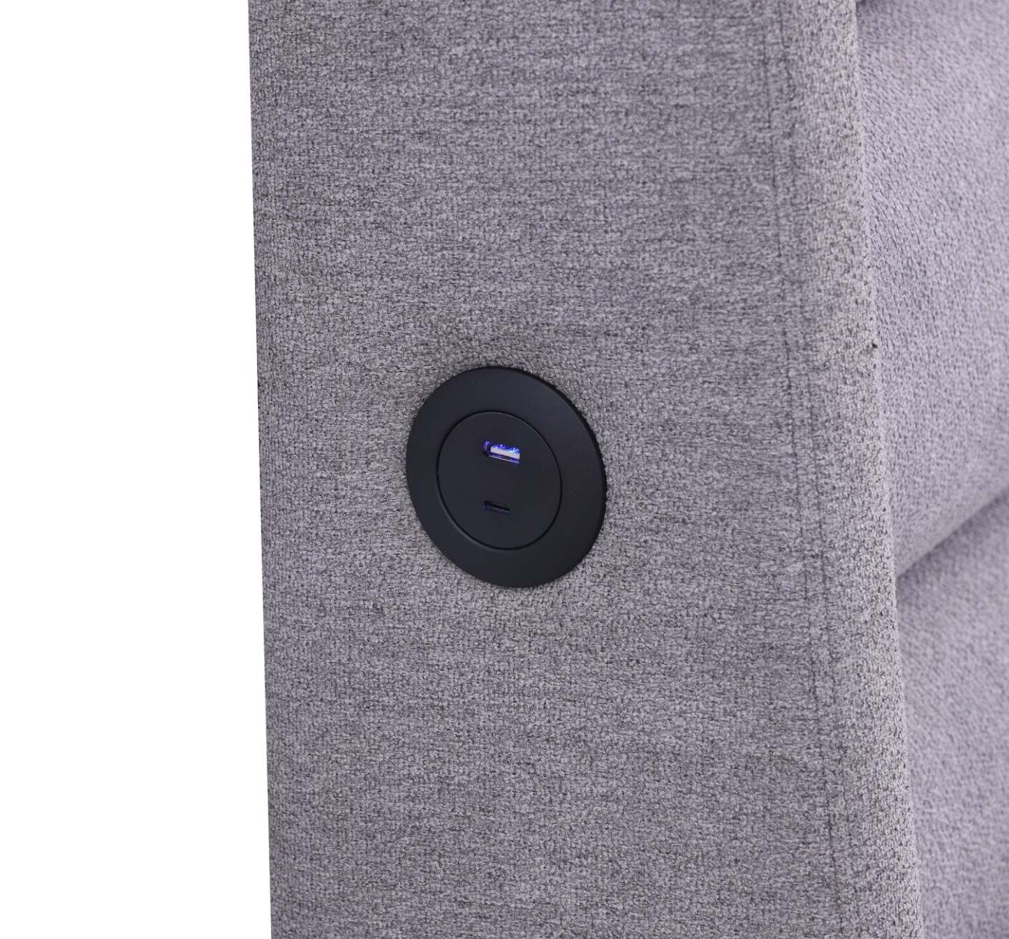 Lit plateforme tapissier Jade avec ports USB en tissu gris - Queen Size | Base de lit plateforme rembourrée Jade en tissu gris avec ports USB - format grand lit
