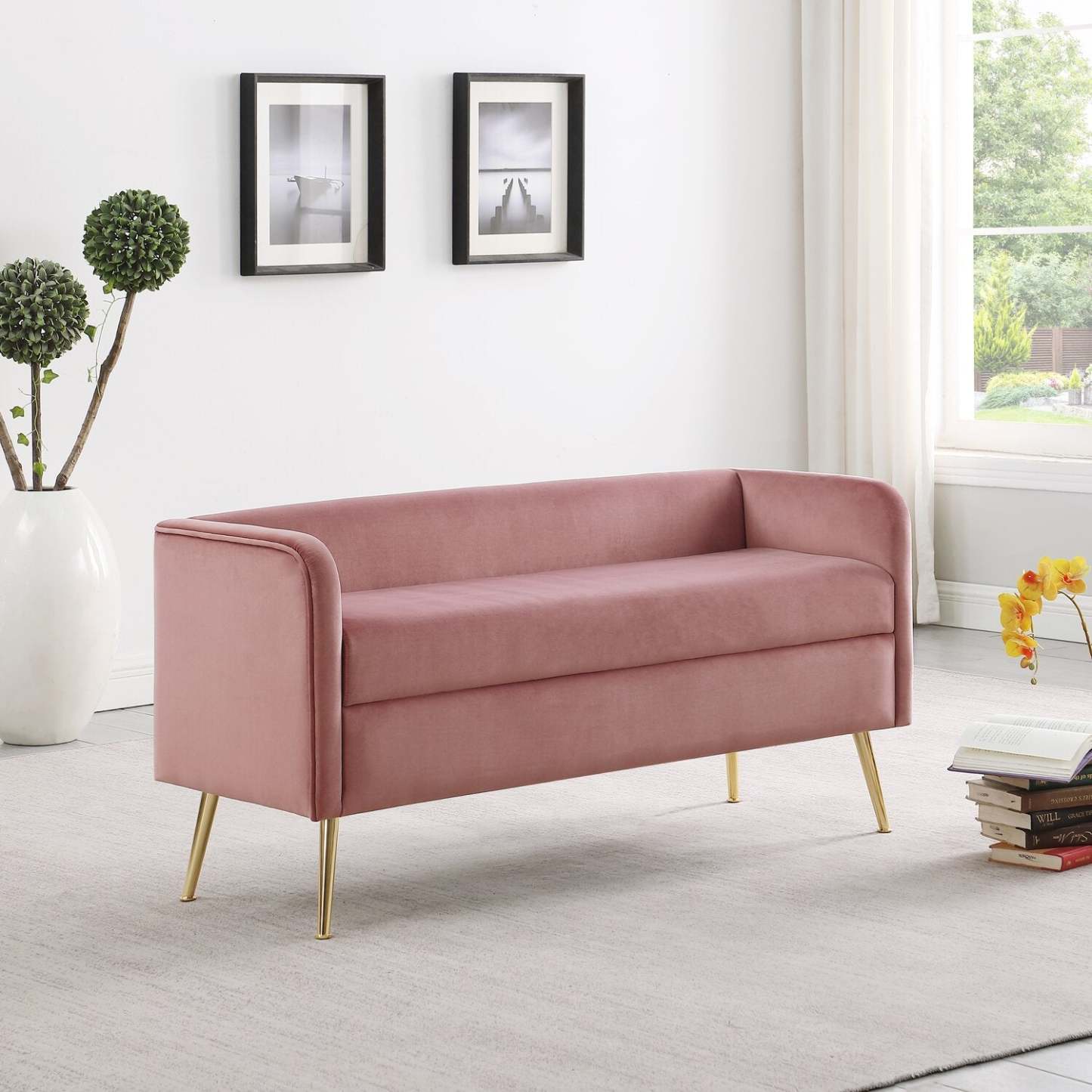 Banc Cass 52 - Velours Rose avec Pieds Dorés|Banc Cass de 52 po - velours rose avec pattes dorées
