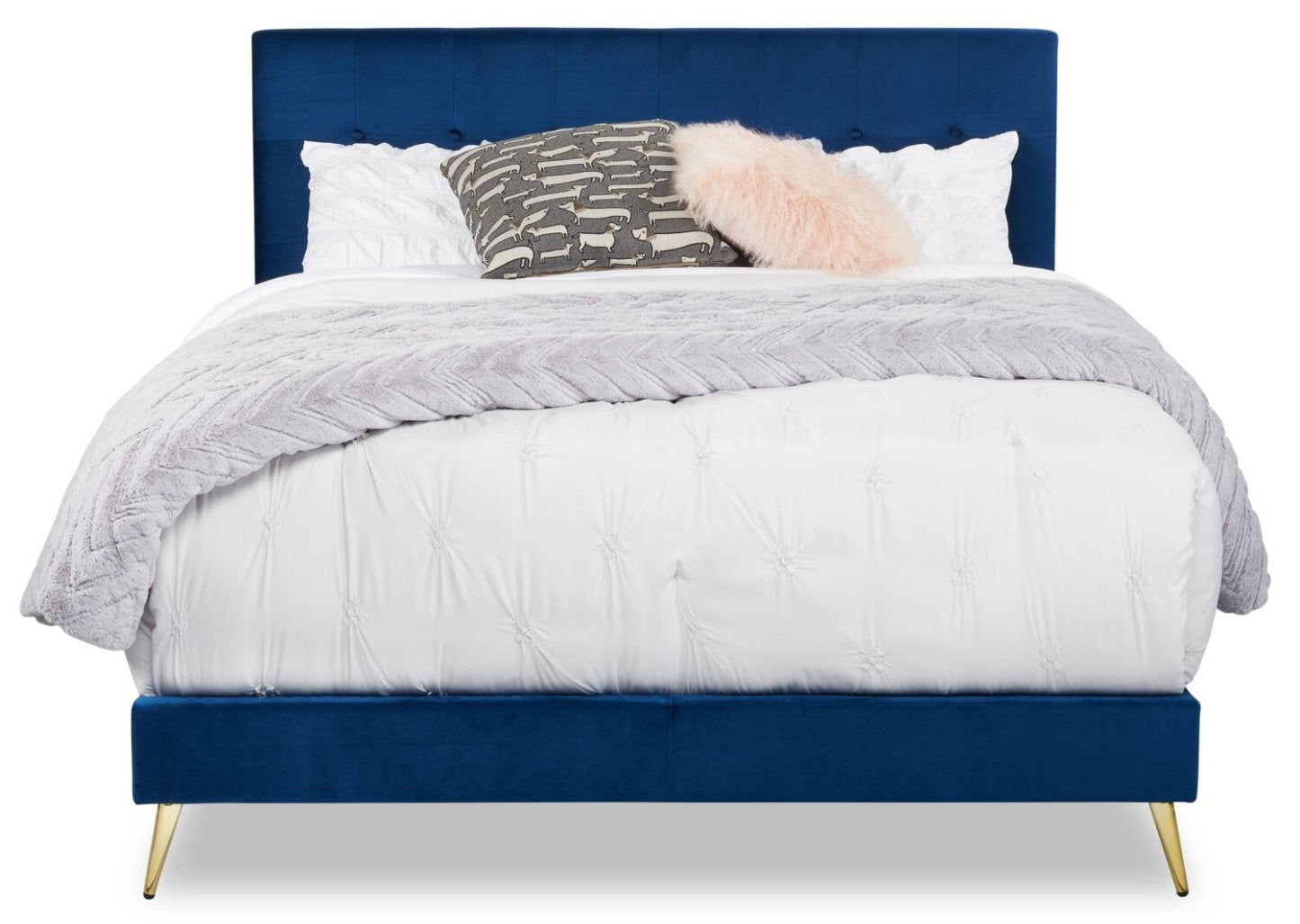 Gabi Upholstered Bed in Blue Velvet Fabric with Gold Finish Legs, Button Tufted - King Size | Lit rembourré Gabi en tissu de velours bleu avec pattes au fini doré et capitonnage à boutons - format très grand lit