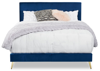 Gabi Upholstered Bed in Blue Velvet Fabric with Gold Finish Legs, Button Tufted - King Size | Lit rembourré Gabi en tissu de velours bleu avec pattes au fini doré et capitonnage à boutons - format très grand lit