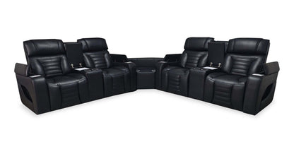 Canapé sectionnel à inclinaison électrique Zen 3 pièces en tissu d'apparence cuir avec massage et 2 consoles à compartiment réfrigéré - noir