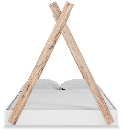 Lit de tente plateforme Wolf pour enfants, bicolore blanc et naturel - Pleine grandeur | Lit Wolf plateforme en forme de tente pour enfants, deux teintes, blanc et naturel - format lit double