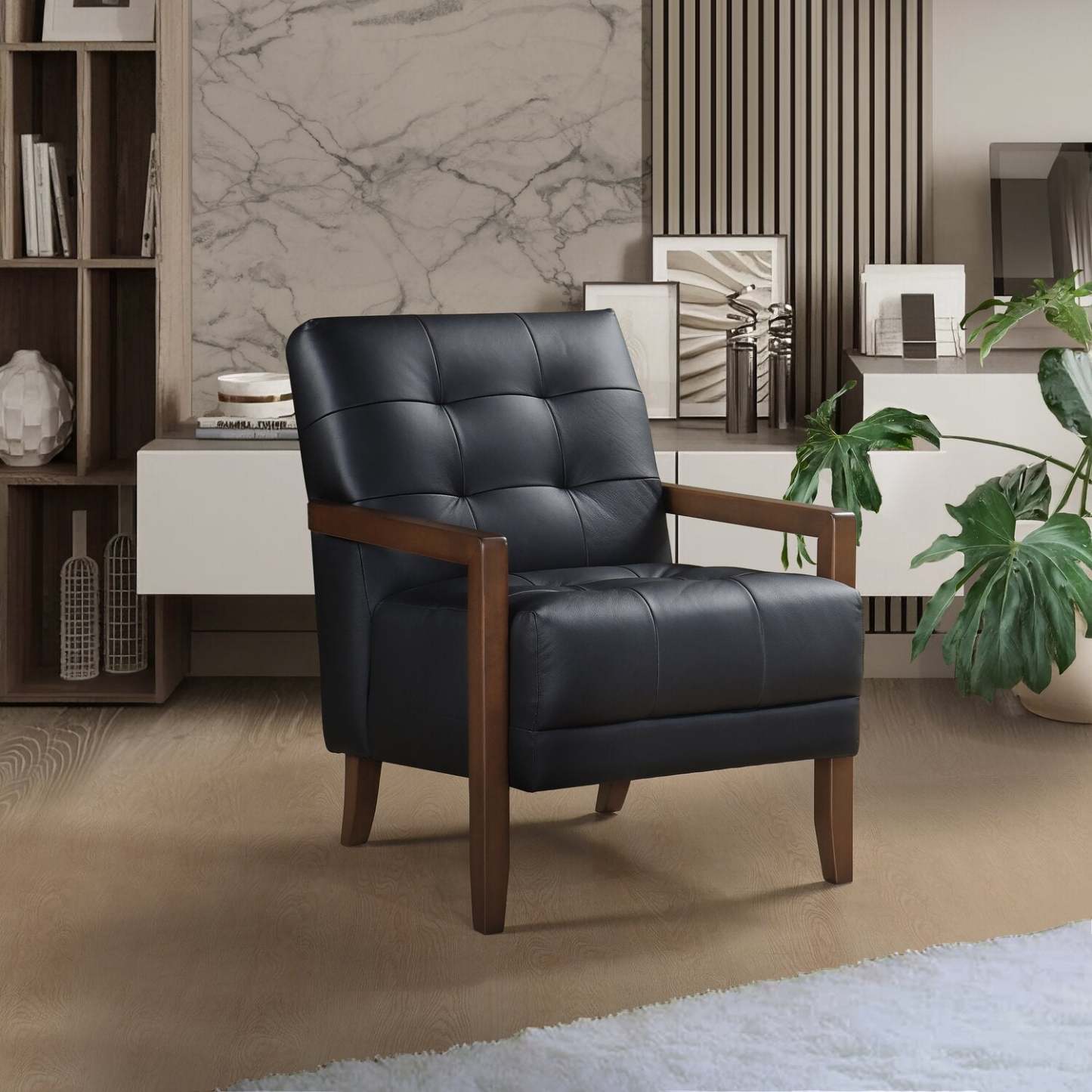 Fauteuil d'appoint Enzo 26 en cuir véritable avec capitonnage en biscuit, accoudoirs sur rail et pieds en bois - Noir | Fauteuil d'appoint Enzo de 26 po en cuir avec capitonnage en véritable biscuit, accoudoirs rectilignes et pattes en bois - noir