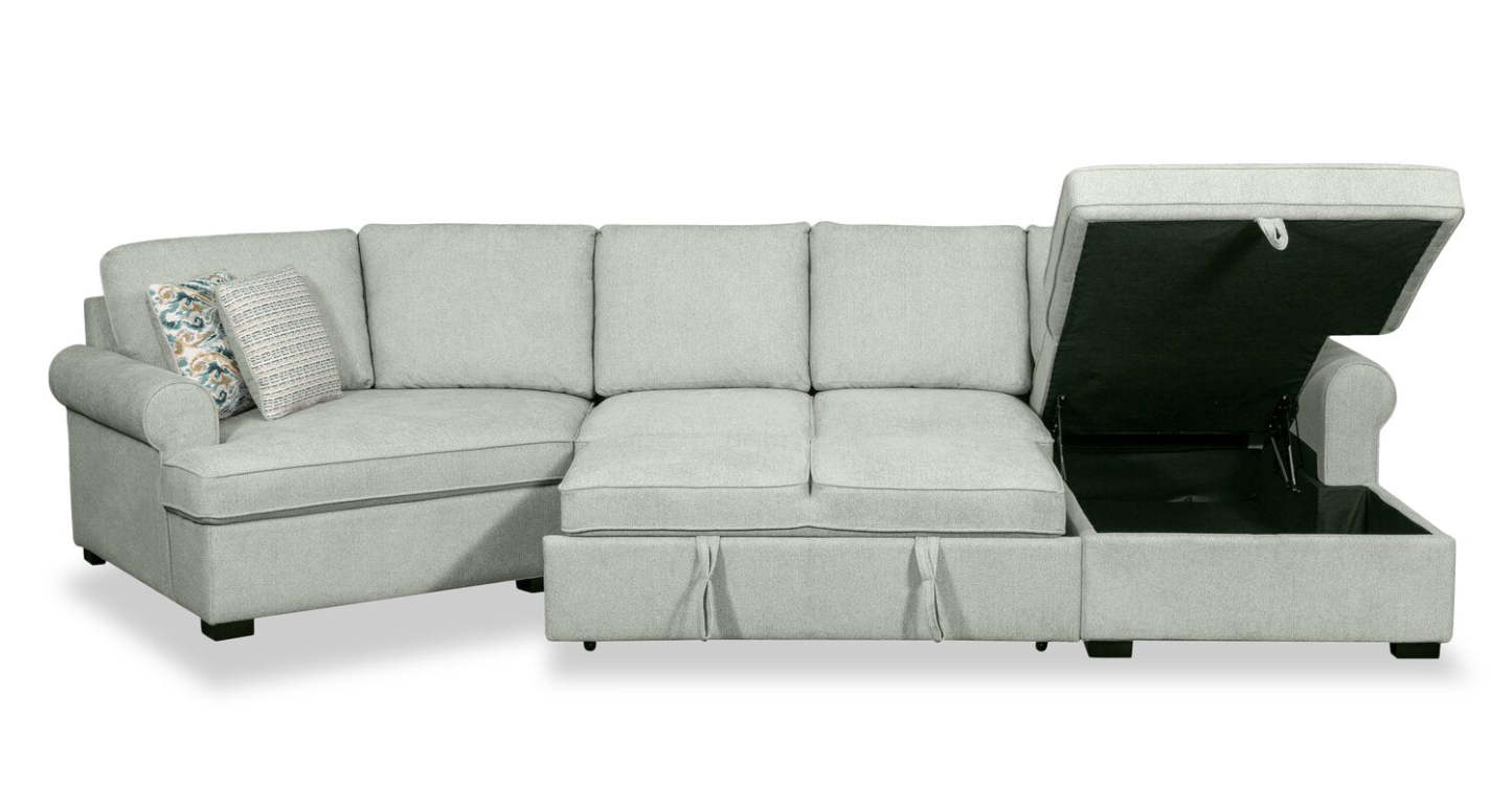 Scott Living Haven 3-Piece Left-Facing Chenille Fabric Cuddler Sleeper Sectional with Storage - Seafoam Blue | Canapé-lit sectionnel enveloppant de gauche Haven de Scott Living 3 pièces en tissu de chenille avec rangement - bleu écume de mer